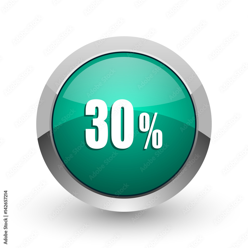 Poster 30 percent silver metallic chrome web design green round internet icon with shadow on white backgrou