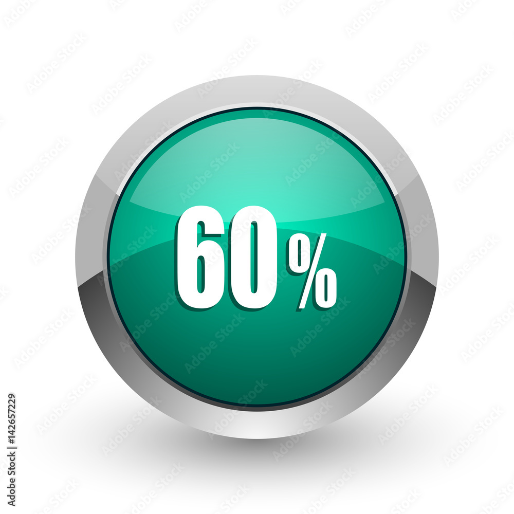Poster 60 percent silver metallic chrome web design green round internet icon with shadow on white backgrou