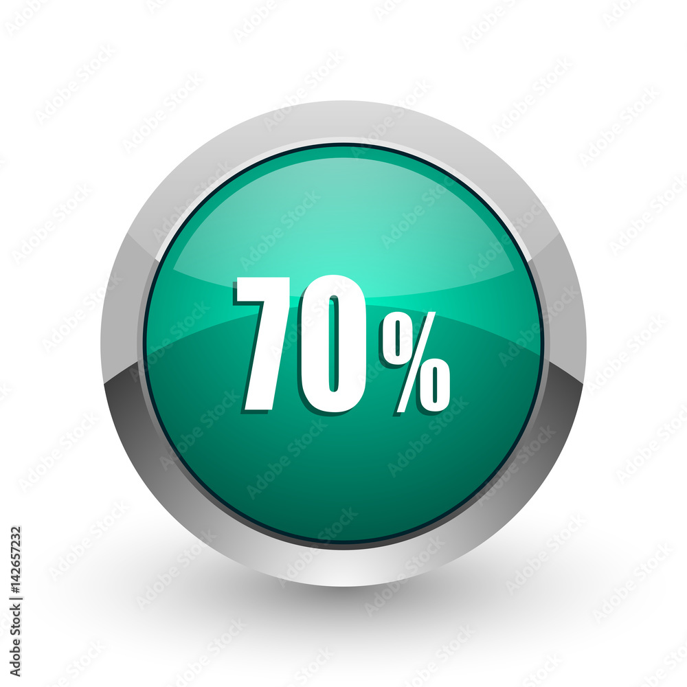 Poster 70 percent silver metallic chrome web design green round internet icon with shadow on white backgrou