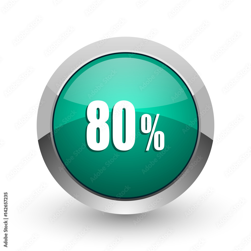 Poster 80 percent silver metallic chrome web design green round internet icon with shadow on white backgrou