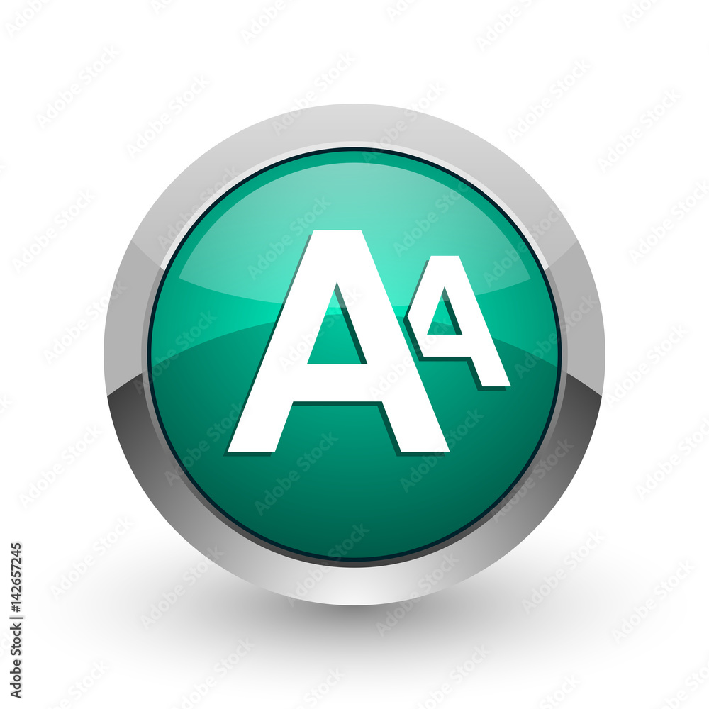 Poster alphabet silver metallic chrome web design green round internet icon with shadow on white background