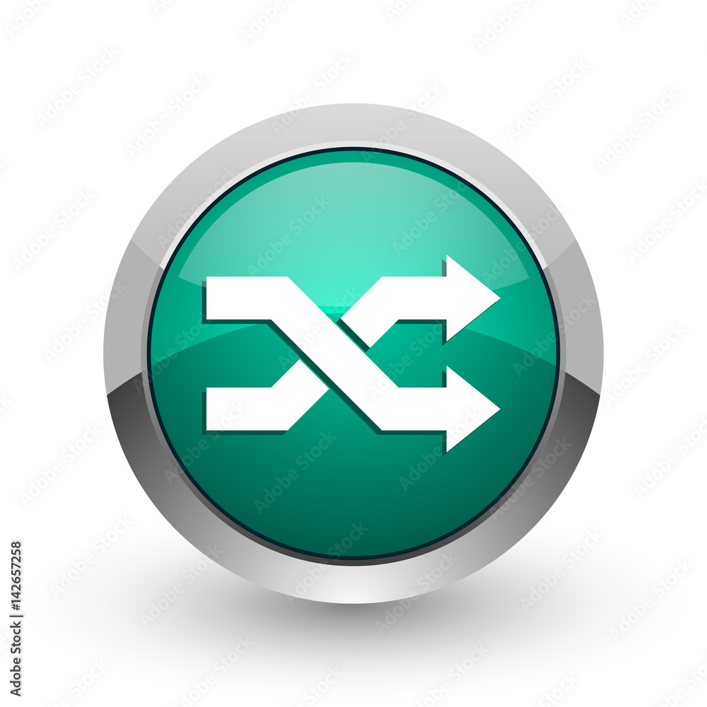 Poster aleatory silver metallic chrome web design green round internet icon with shadow on white background