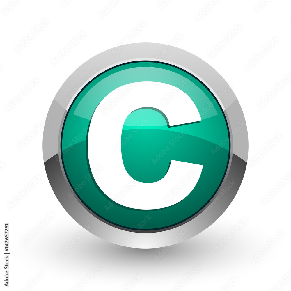 Poster Copyright silver metallic chrome web design green round internet icon with shadow on white background.