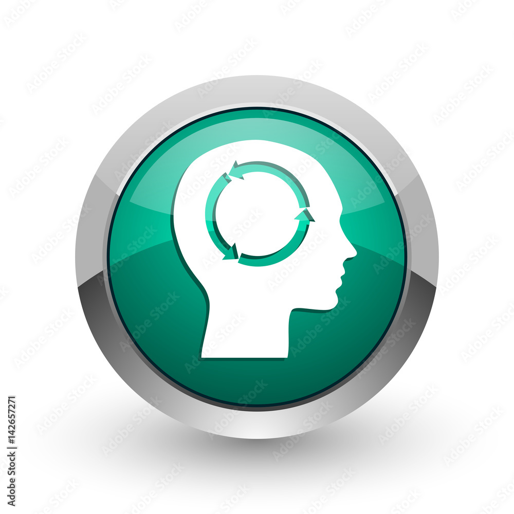 Poster head silver metallic chrome web design green round internet icon with shadow on white background.