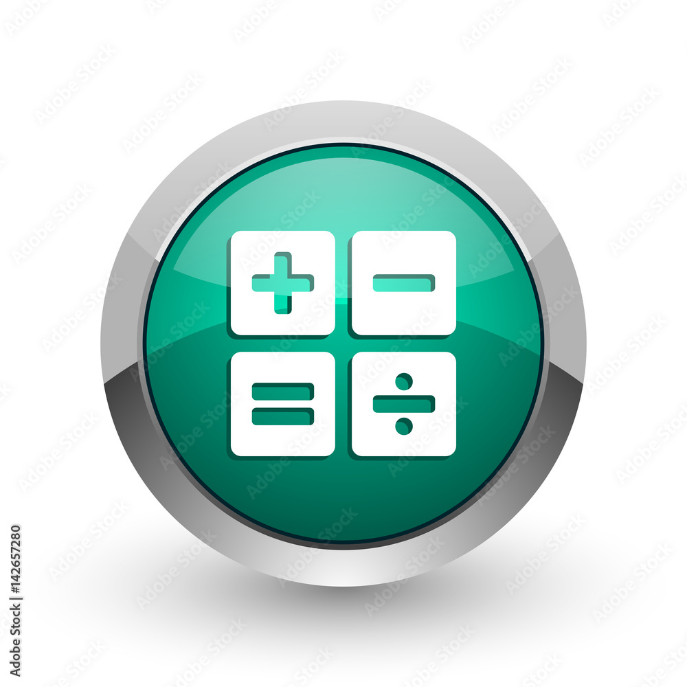 Poster Calculator silver metallic chrome web design green round internet icon with shadow on white background.