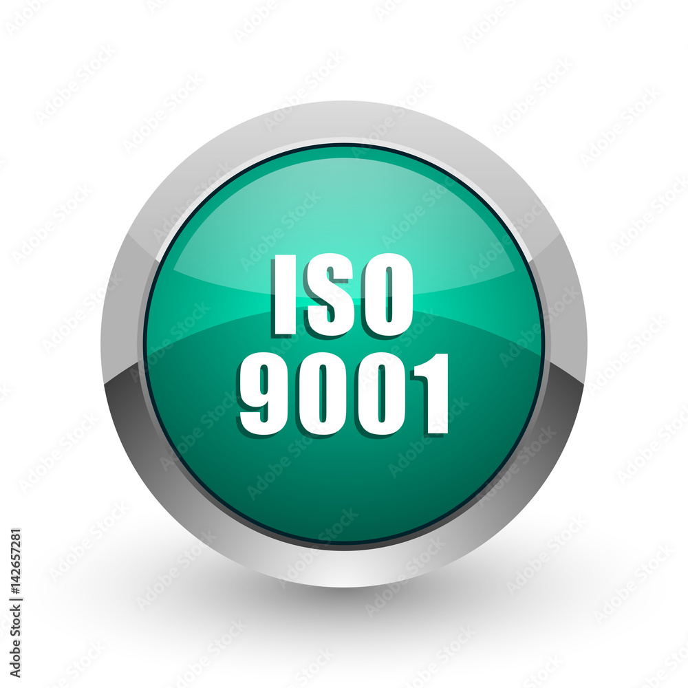 Poster iso 9001 silver metallic chrome web design green round internet icon with shadow on white background