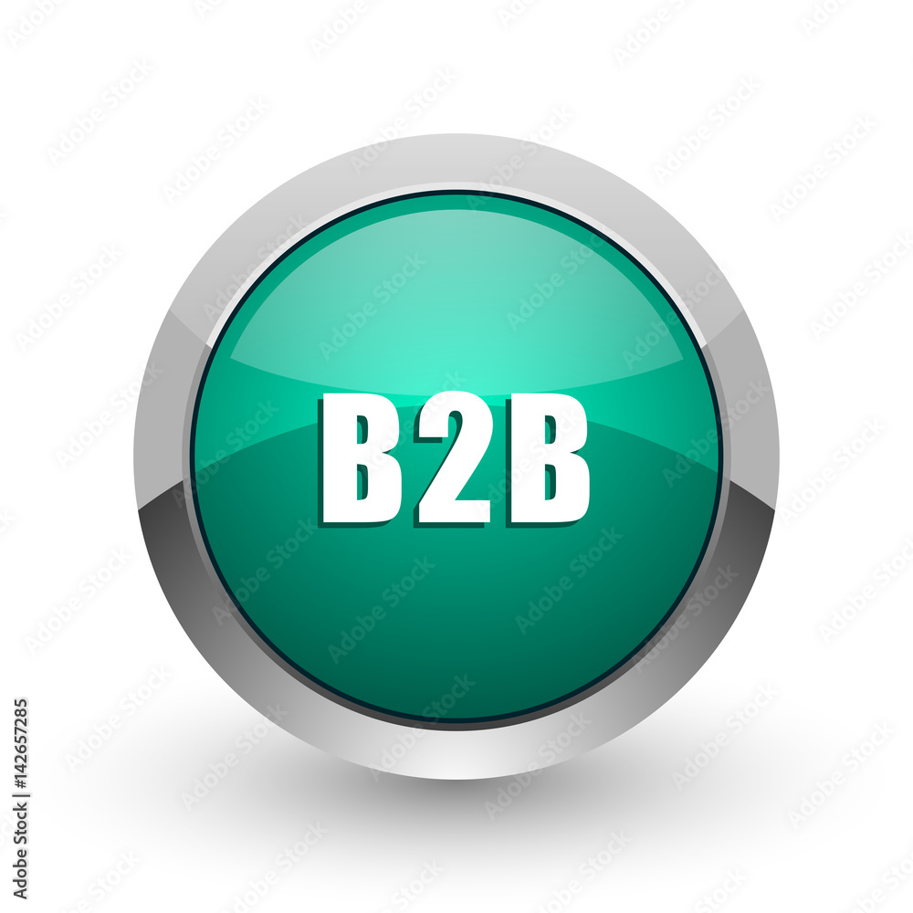 Poster b2b silver metallic chrome web design green round internet icon with shadow on white background.