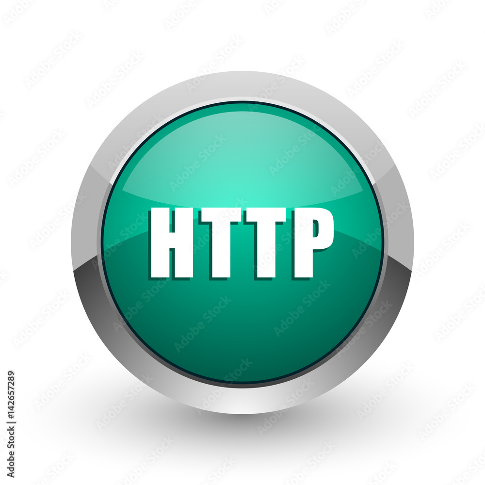 Poster Http silver metallic chrome web design green round internet icon with shadow on white background.