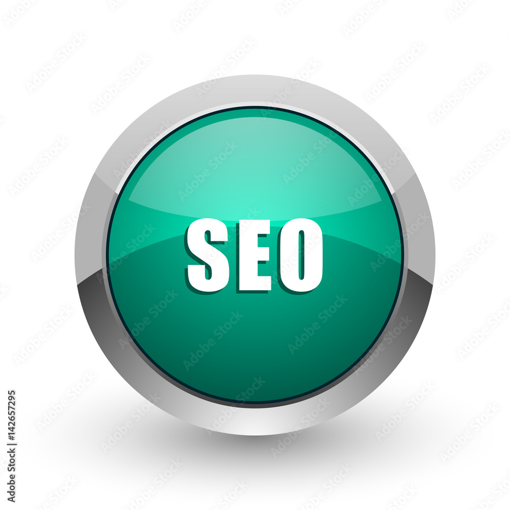 Poster seo silver metallic chrome web design green round internet icon with shadow on white background.
