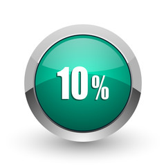 10 percent silver metallic chrome web design green round internet icon with shadow on white background.