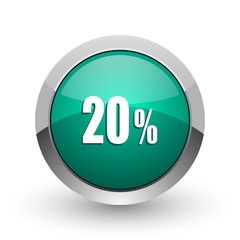 20 percent silver metallic chrome web design green round internet icon with shadow on white background.