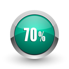 70 percent silver metallic chrome web design green round internet icon with shadow on white background.