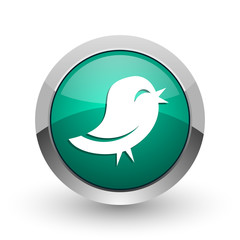 Twitter silver metallic chrome web design green round internet icon with shadow on white background.