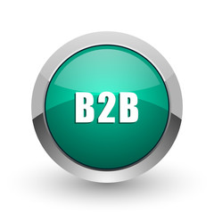 B2b silver metallic chrome web design green round internet icon with shadow on white background.