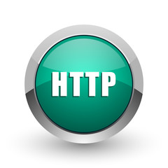Http silver metallic chrome web design green round internet icon with shadow on white background.
