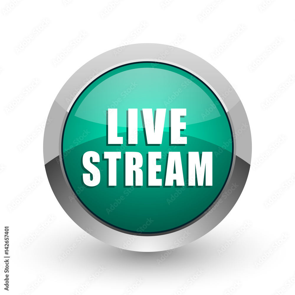 Aufkleber live stream silver metallic chrome web design green round internet icon with shadow on white backgro