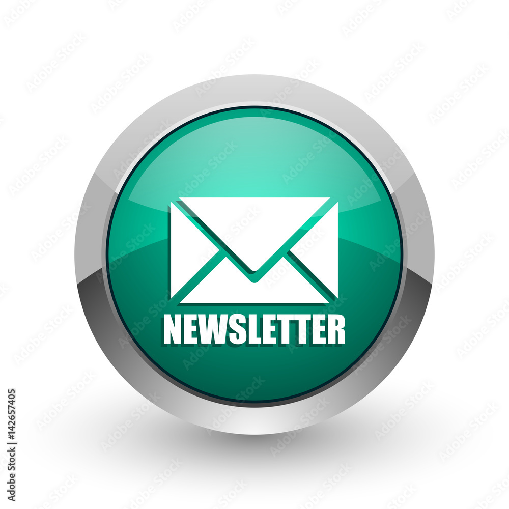 Poster Newsletter silver metallic chrome web design green round internet icon with shadow on white background.
