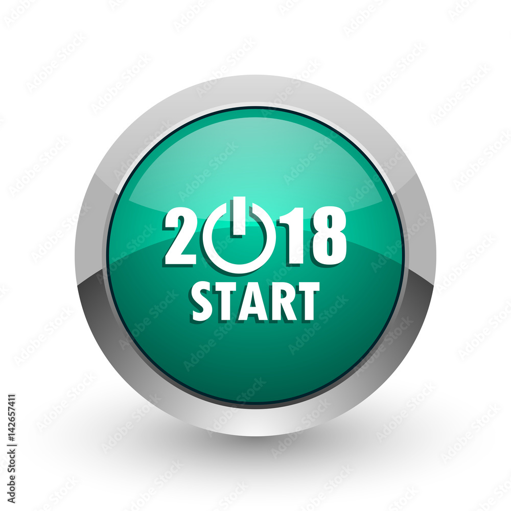 Poster new year 2018 silver metallic chrome web design green round internet icon with shadow on white backg