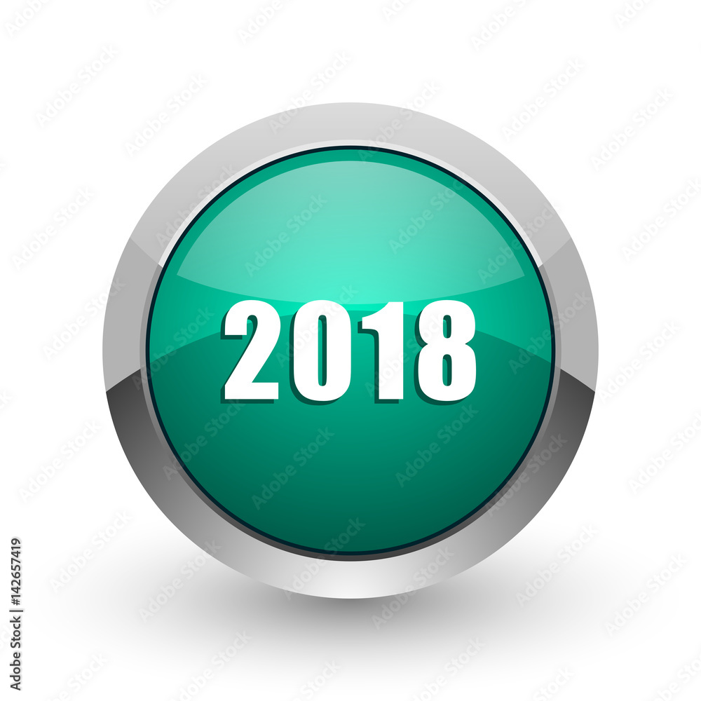 Poster new year 2018 silver metallic chrome web design green round internet icon with shadow on white backg