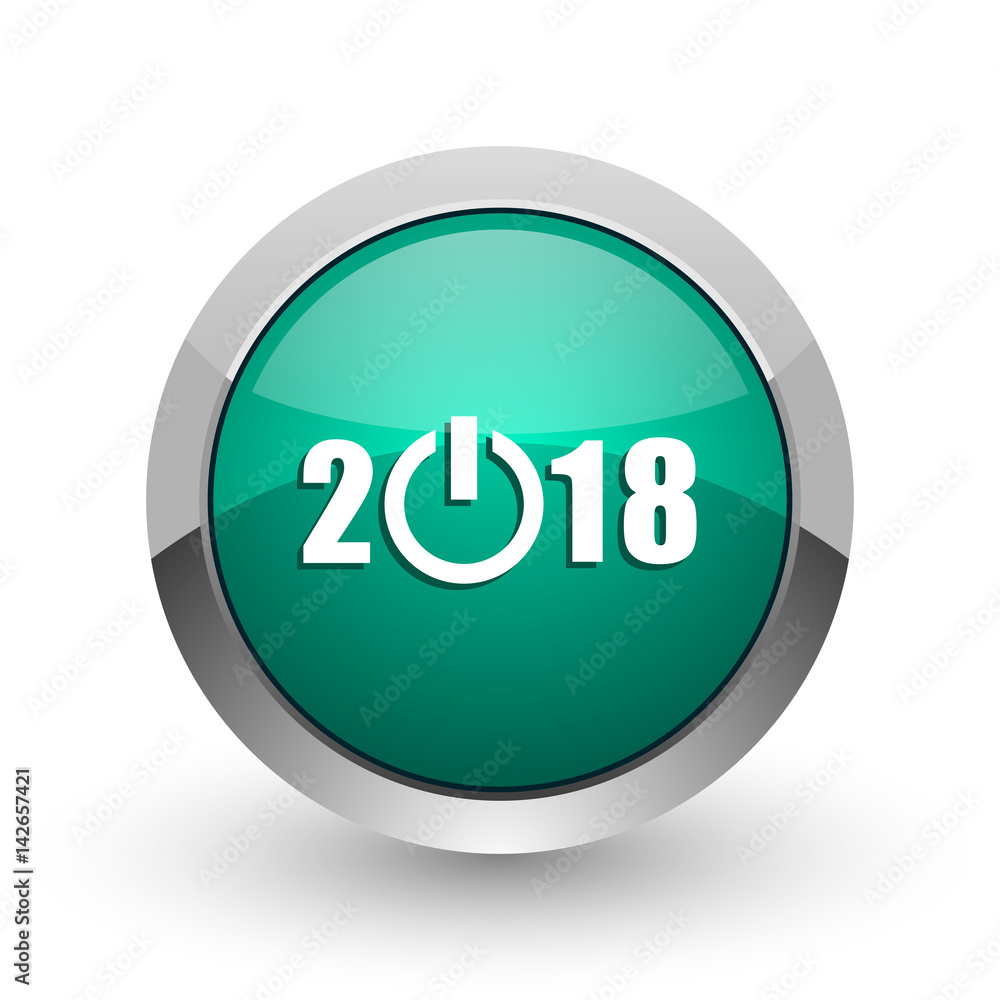 Poster new year 2018 silver metallic chrome web design green round internet icon with shadow on white backg