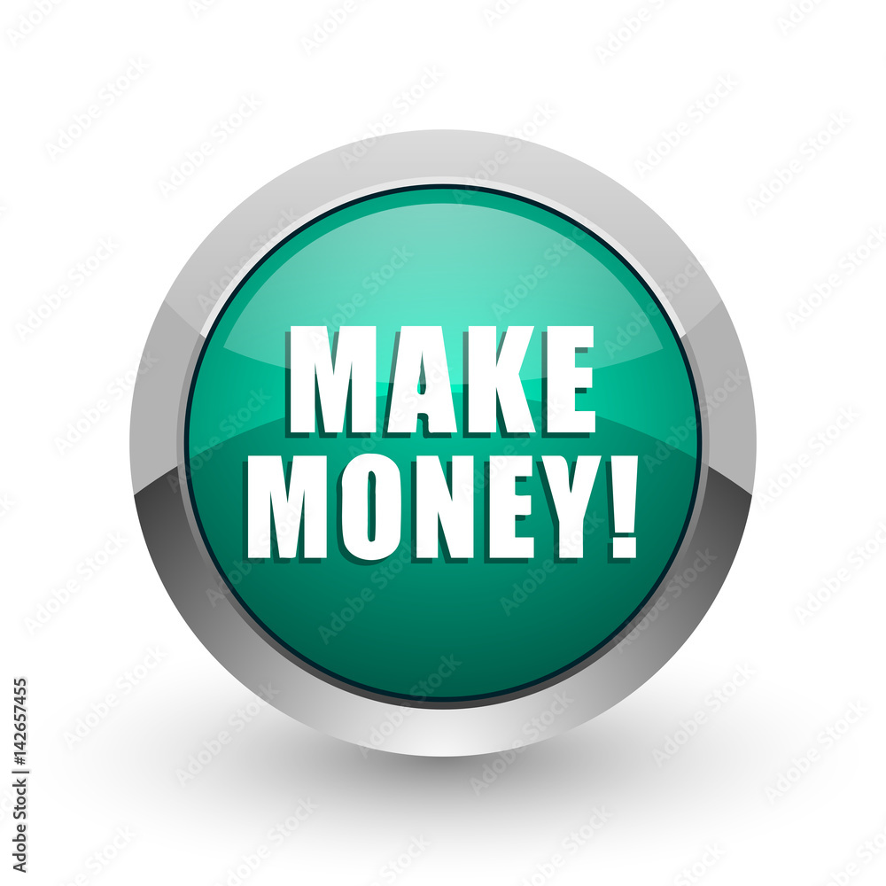 Poster make money silver metallic chrome web design green round internet icon with shadow on white backgrou
