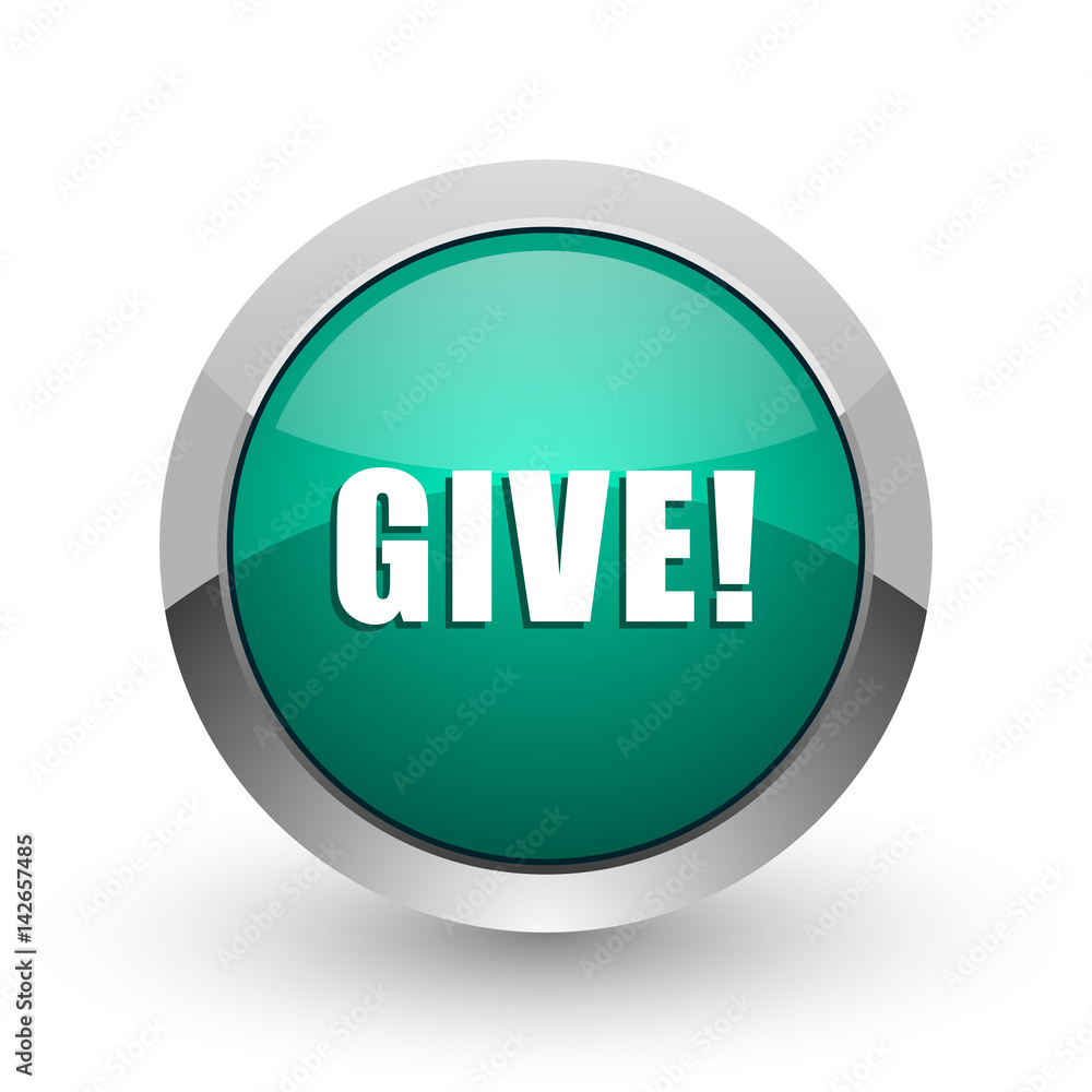Poster give silver metallic chrome web design green round internet icon with shadow on white background.