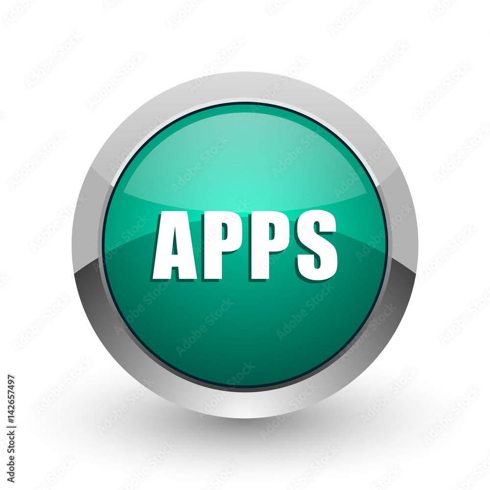 Poster apps silver metallic chrome web design green round internet icon with shadow on white background.