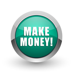 Make money silver metallic chrome web design green round internet icon with shadow on white background.
