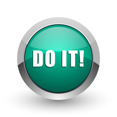 Do it silver metallic chrome web design green round internet icon with shadow on white background.