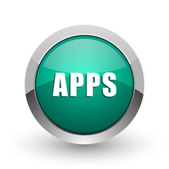 Apps silver metallic chrome web design green round internet icon with shadow on white background.