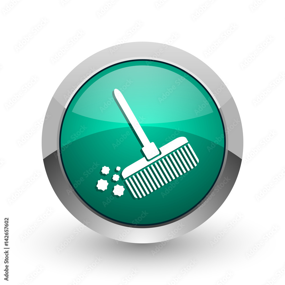 Poster broom silver metallic chrome web design green round internet icon with shadow on white background.