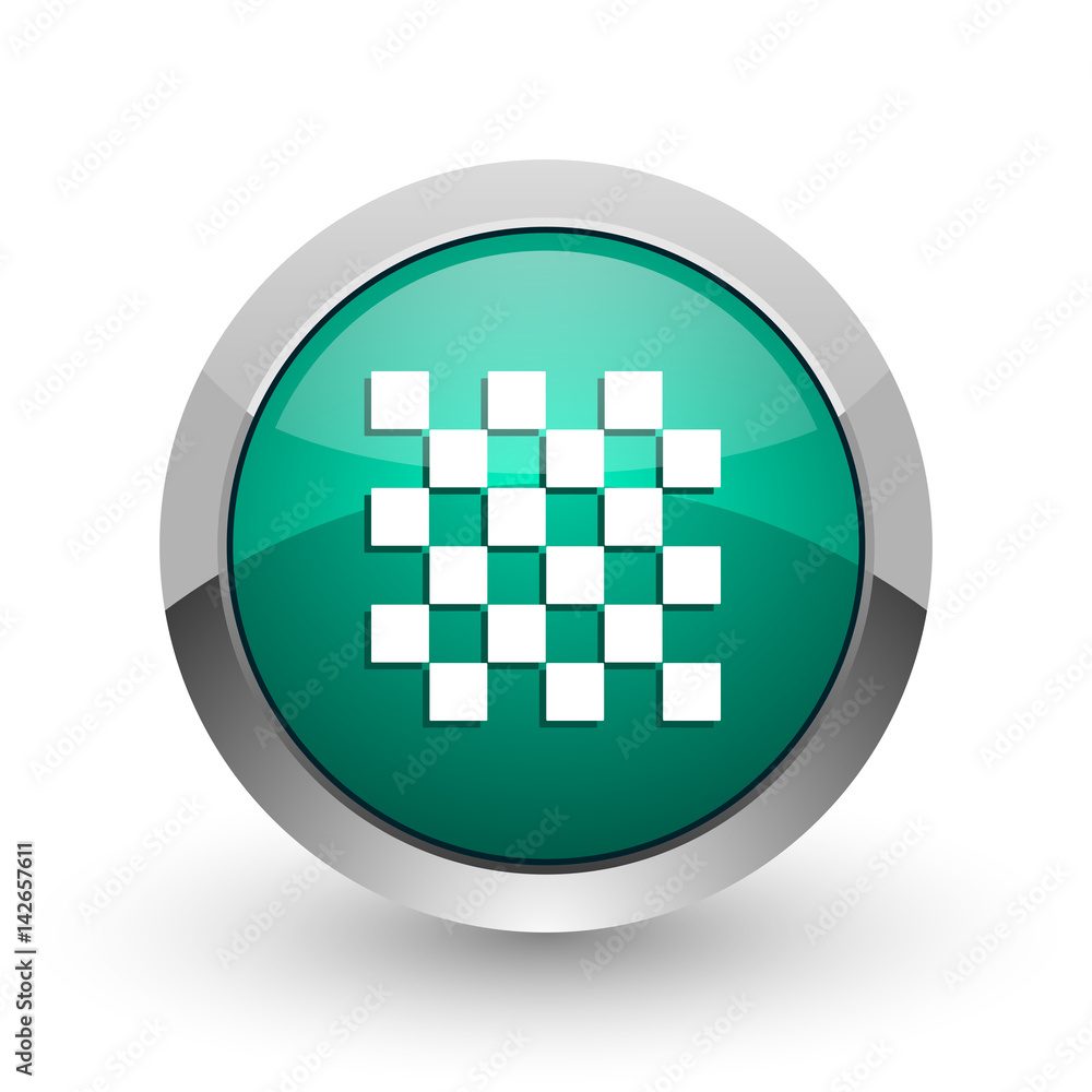 Poster chess silver metallic chrome web design green round internet icon with shadow on white background.