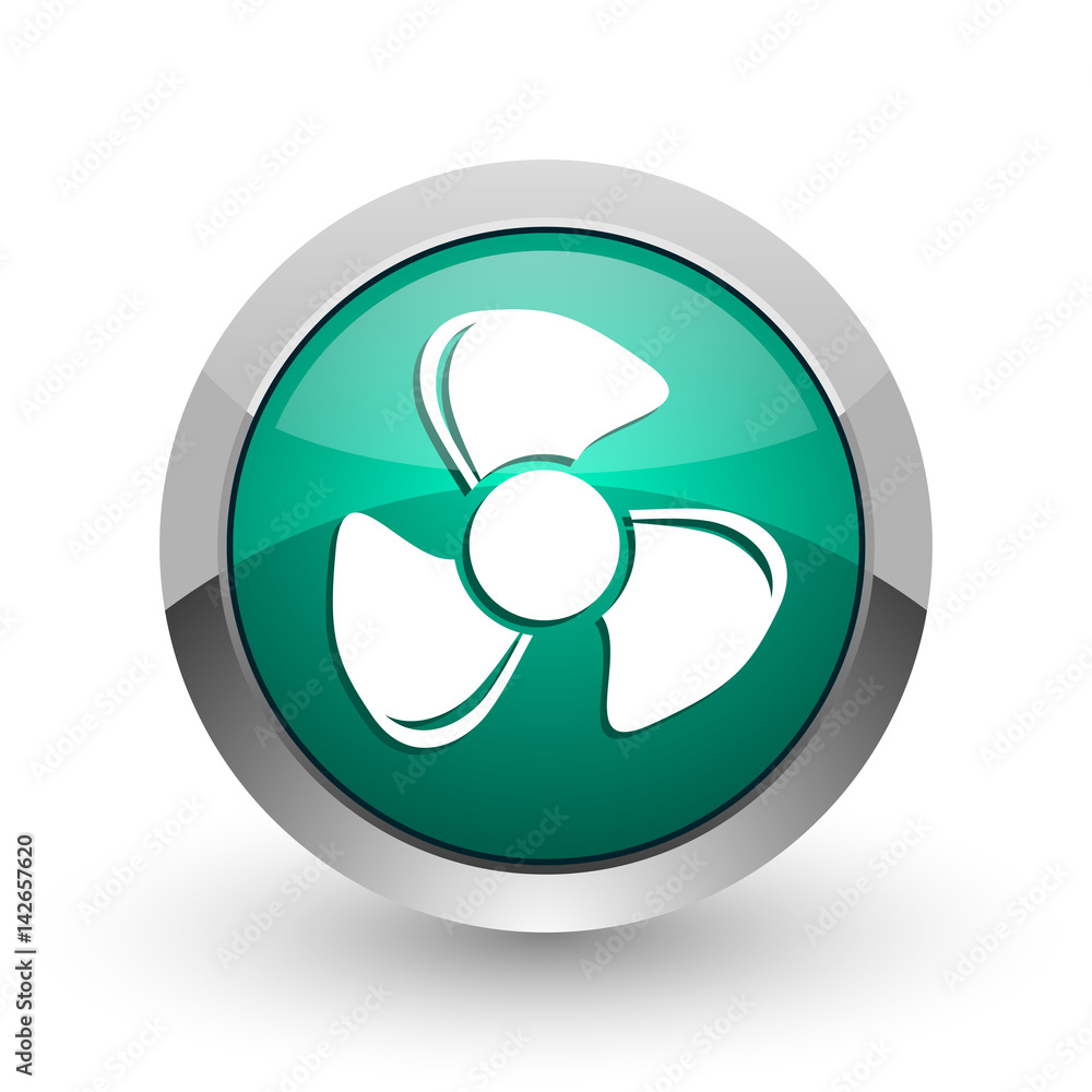 Poster fan silver metallic chrome web design green round internet icon with shadow on white background.