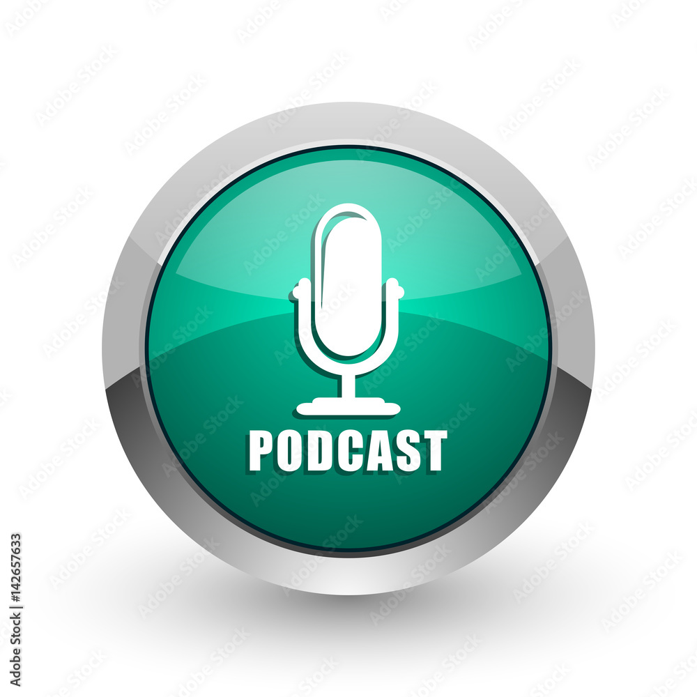 Poster podcast silver metallic chrome web design green round internet icon with shadow on white background.
