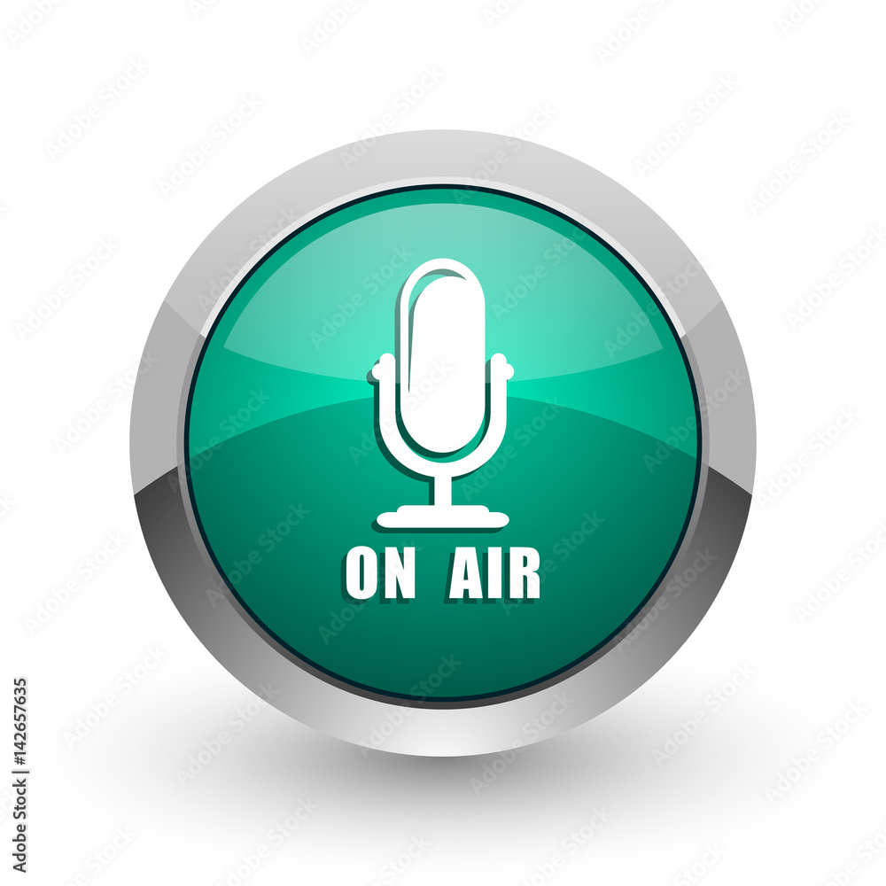 Poster on air silver metallic chrome web design green round internet icon with shadow on white background.