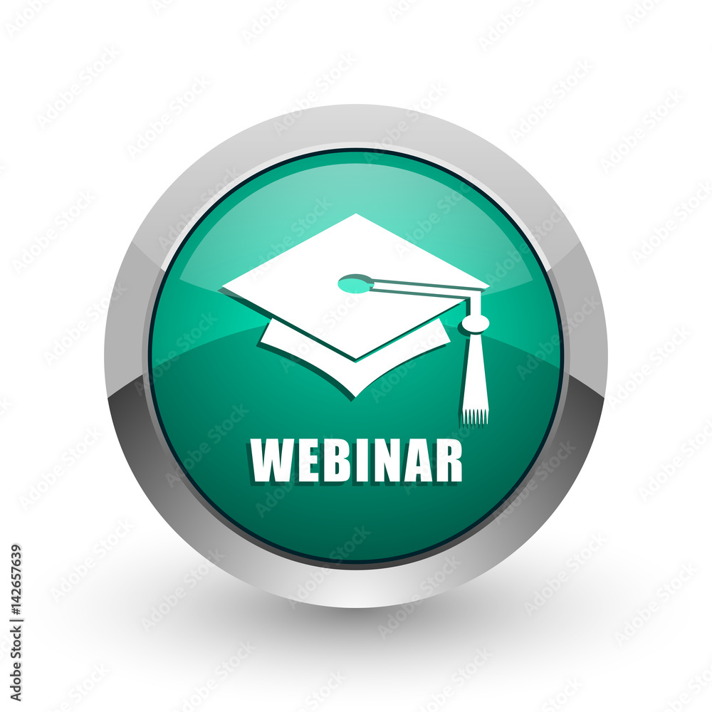 Aufkleber webinar silver metallic chrome web design green round internet icon with shadow on white background.