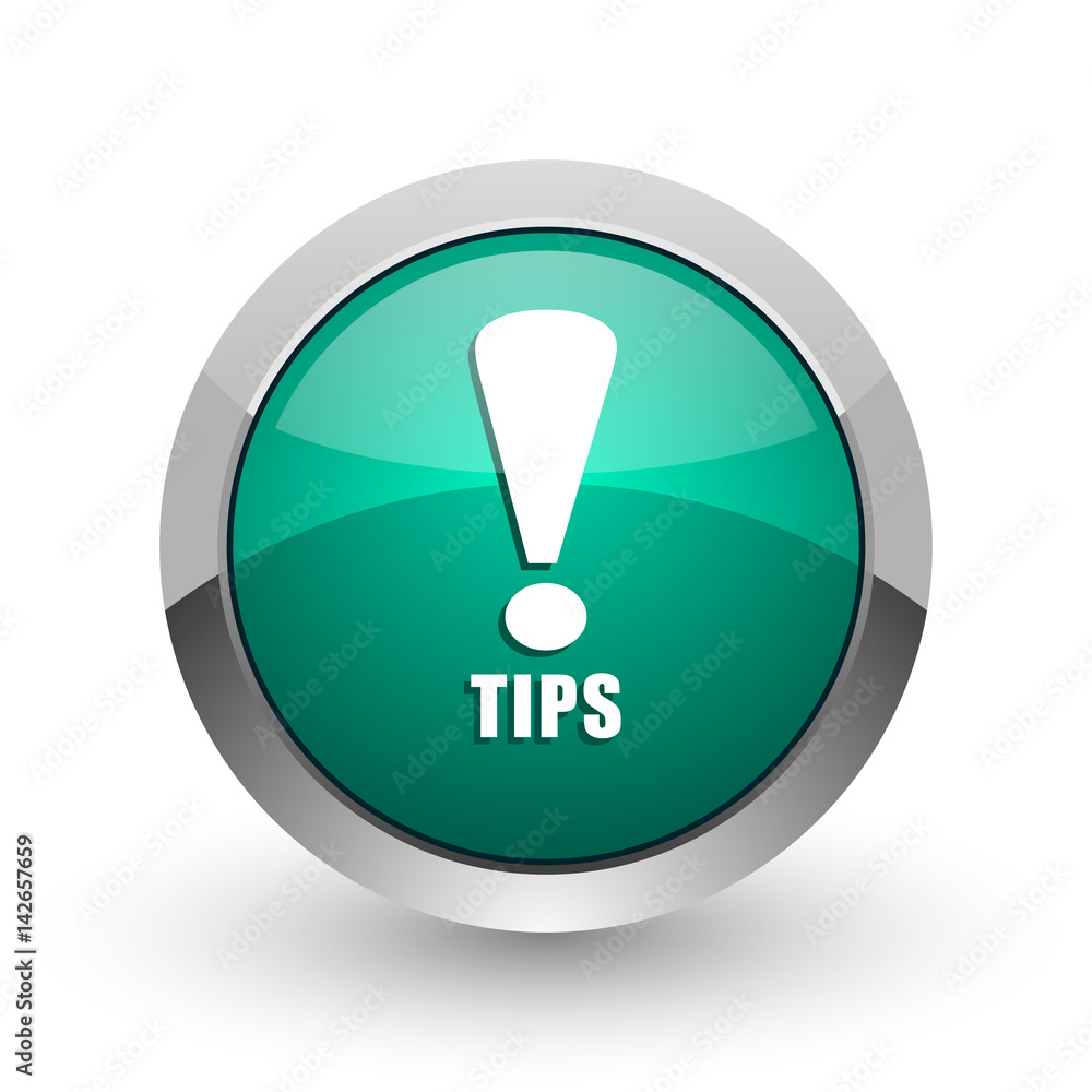 Poster tips silver metallic chrome web design green round internet icon with shadow on white background.