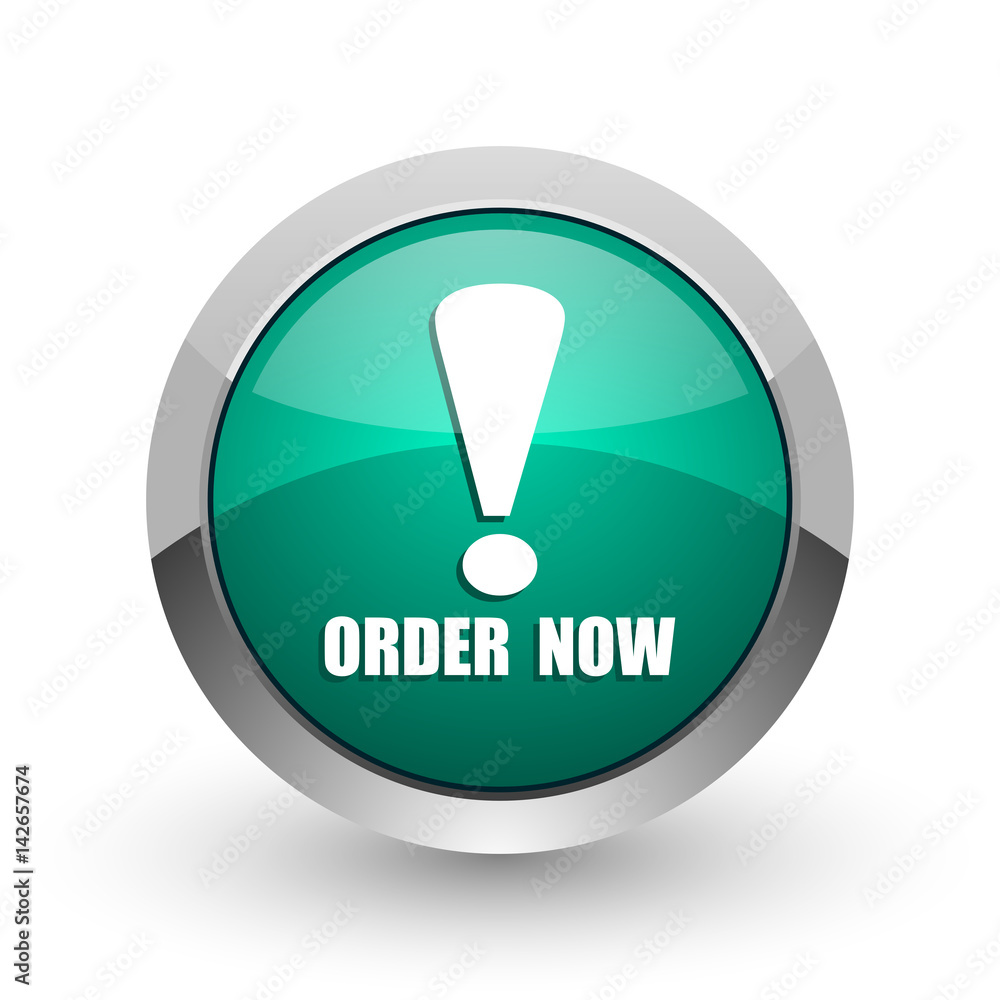 Aufkleber order now silver metallic chrome web design green round internet icon with shadow on white backgroun