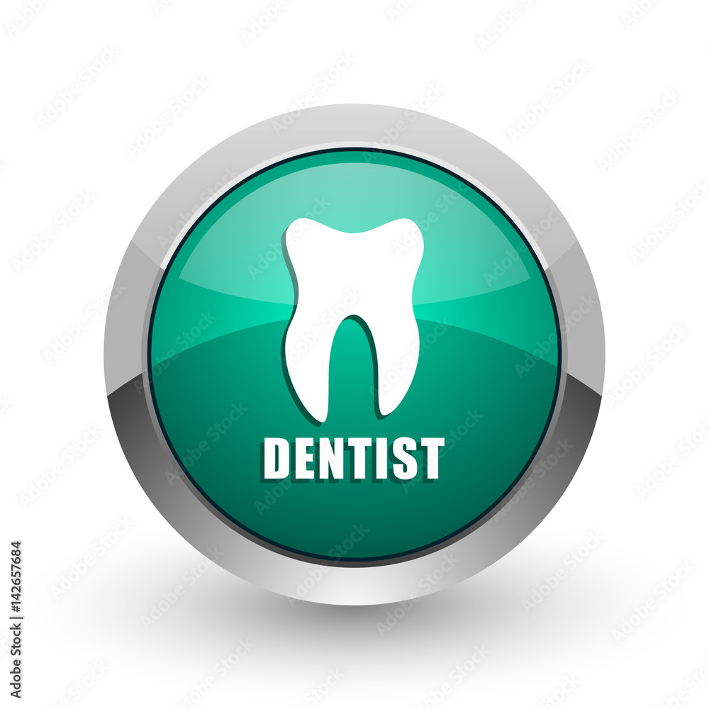 Poster dentist silver metallic chrome web design green round internet icon with shadow on white background.