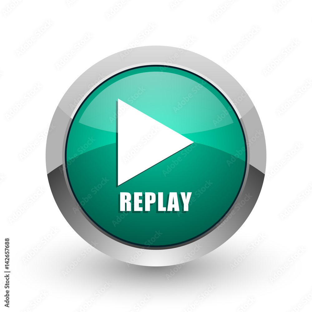 Poster replay silver metallic chrome web design green round internet icon with shadow on white background.