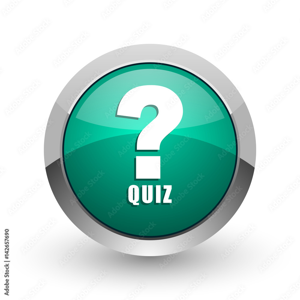 Poster Quiz silver metallic chrome web design green round internet icon with shadow on white background.