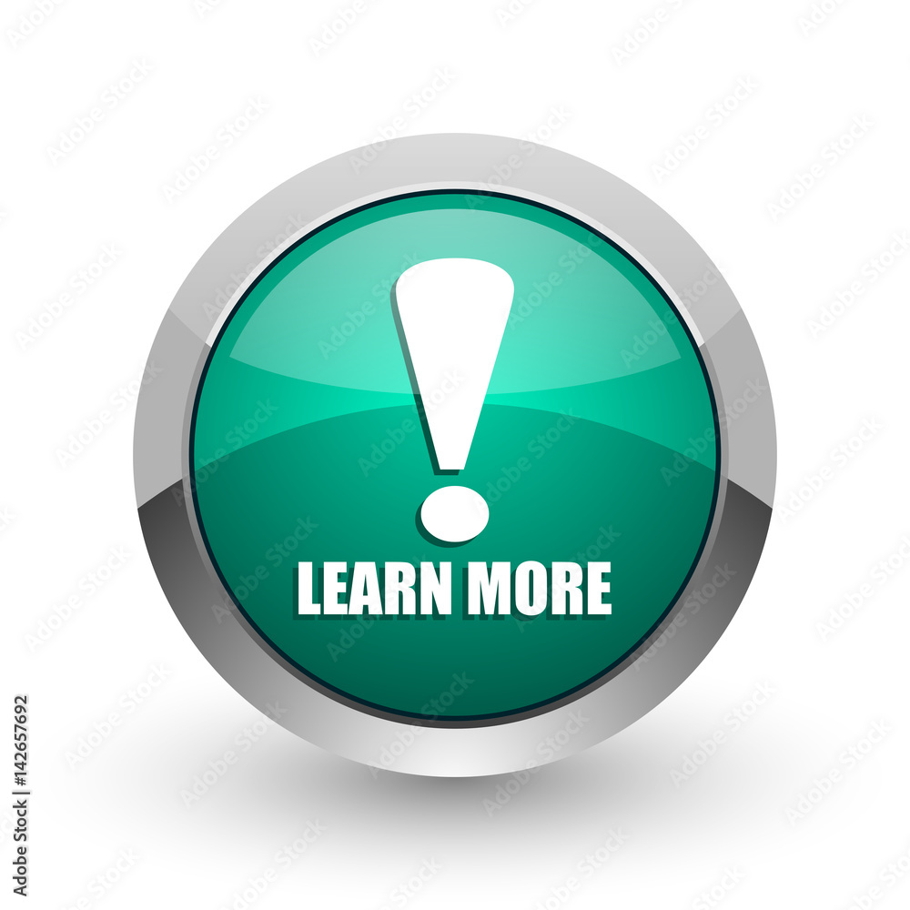 Poster learn more silver metallic chrome web design green round internet icon with shadow on white backgrou