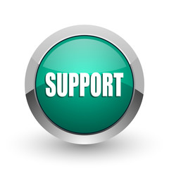 Support silver metallic chrome web design green round internet icon with shadow on white background.