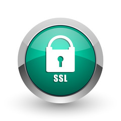 Csl silver metallic chrome web design green round internet icon with shadow on white background.