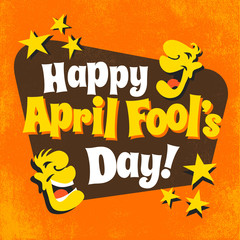 April Fool's Day design with funny letters, laughing cartoon faces and stars