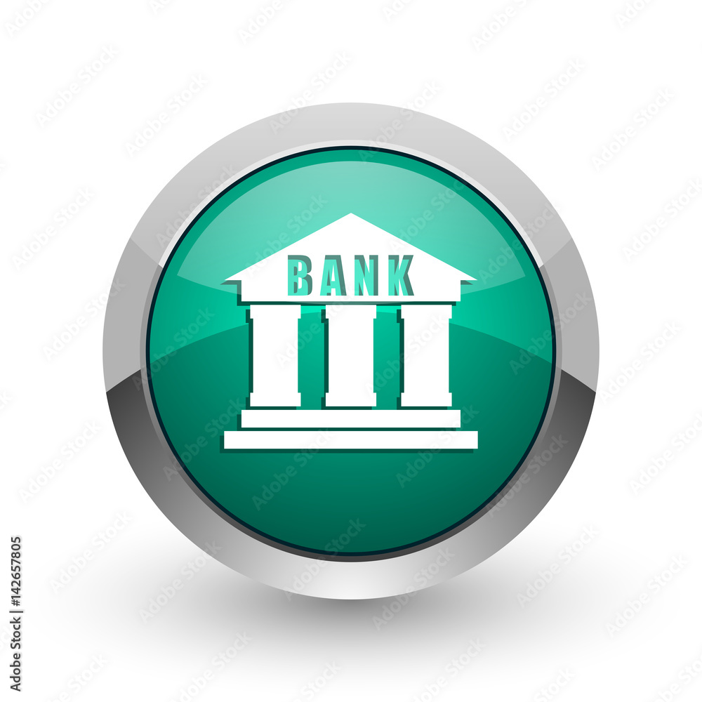 Poster bank silver metallic chrome web design green round internet icon with shadow on white background.