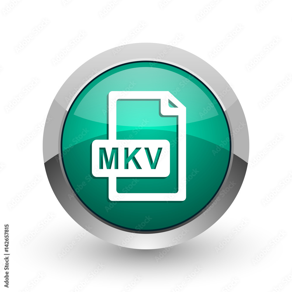 Poster Mkv file silver metallic chrome web design green round internet icon with shadow on white background.