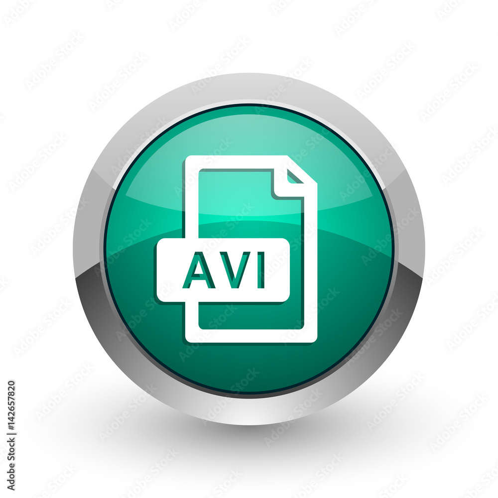 Aufkleber Avi file silver metallic chrome web design green round internet icon with shadow on white background.