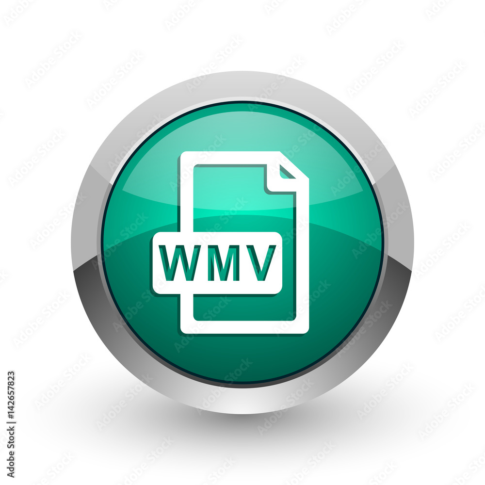 Aufkleber wmv file silver metallic chrome web design green round internet icon with shadow on white background