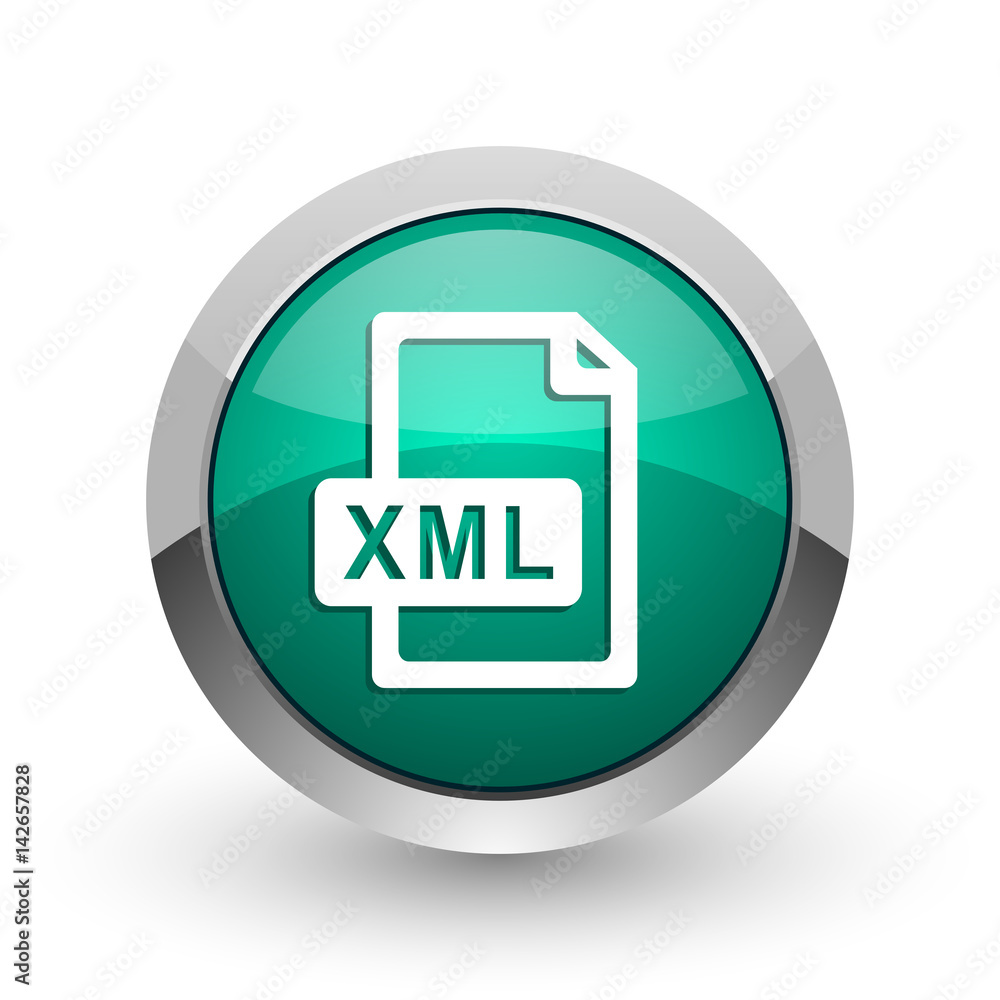 Poster xml file silver metallic chrome web design green round internet icon with shadow on white background